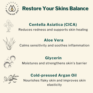  Main ingredients in Oleum Cottage’s Sensitive Skin Trio — Centella Asiatica, Aloe Vera, Glycerin, and Argan Oil to soothe, hydrate, and support barrier repair.