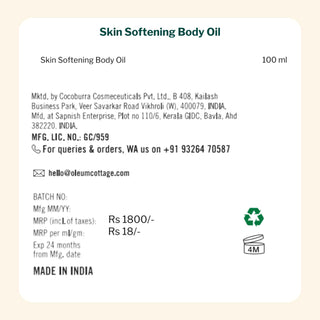 Oleum Cottage Skin Softening Body Oil, 100ml priced at Rs.1800, Made in India, dermatologically tested, mineral oil free and FDA approved.