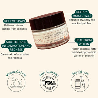 Key benefits of Ultra Healing Cream include deep moisturization, pain relief, soothing redness, and skin barrier healing for psoriasis and eczema.