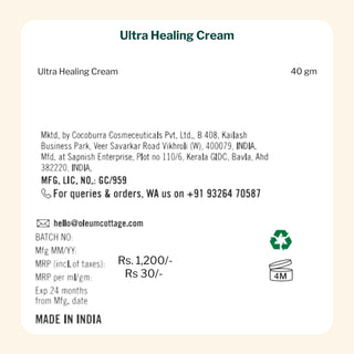 Oleum Cottage Ultra Healing Cream 40gm jar, priced at Rs.1200, Made in India, dermatologically tested, mineral oil free and steroid free.