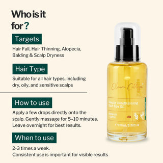 Deeply Conditioning Hair Oil targets hair fall, thinning, alopecia, balding, and scalp dryness. Suitable for all hair types including dry, oily, and sensitive scalps.