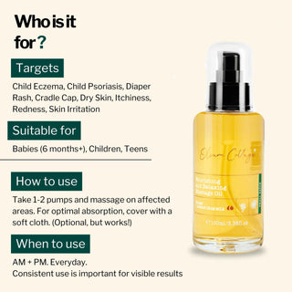 Rash and Eczema Oil for Kids targets baby eczema, child psoriasis, diaper rash, cradle cap, and sensitive dry skin. Suitable for babies 6 months+, children, and teens.