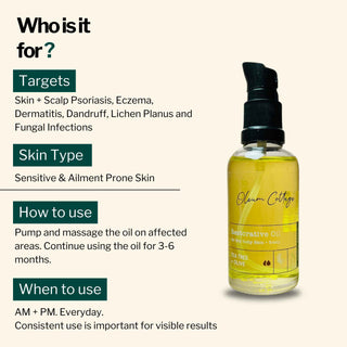 Restorative Oil targets skin and scalp psoriasis, eczema, dermatitis, dandruff, and fungal infections, suitable for sensitive and ailment-prone skin.