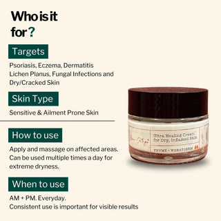 Ultra Healing Cream targets psoriasis, eczema, dermatitis, lichen planus, fungal infections, and cracked dry skin. Suitable for sensitive and ailment-prone skin.